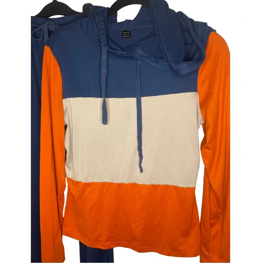 SHEIN Navy Blue Orange and Cream Colorblock Hoodie Jogger Set